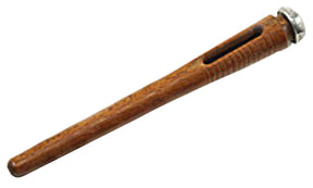 The Leclerc Wooden Pirn by Leclerc Looms is displayed, featuring a wooden handle, a metal cap, and a narrow slot along the shaft. This vintage tool is likely used for a specific crafting or mechanical purpose.