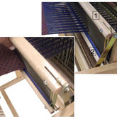 Close-up of the Leclerc Swinging Beater Table Loom Conversion Kit by Leclerc Looms, showing two different views. The top image labeled "1" shows the loom with blue threads stretched across. The bottom image labeled "2" is a closer view of the mechanism holding the threads, with a hand guiding fabric.