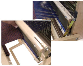 Two images showcase close-ups of the Leclerc Swinging Beater Table Loom Conversion Kit by Leclerc Looms. Image 1 highlights the blue and black threads on the loom, while Image 2 presents a different angle featuring a hand adjusting the threads. Both images emphasize the interaction between the loom components and the threads.