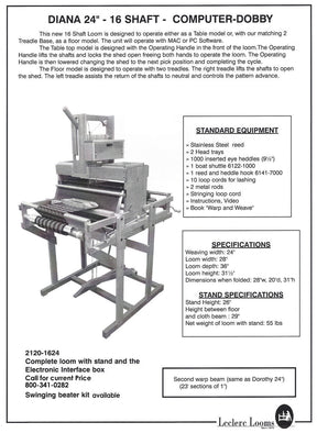 A flyer for the Leclerc Diana 24" 16-Shaft Computer Dobby Floor Loom, featuring a black-and-white image of the loom along with text detailing its standard equipment, specifications, and features. An image showcases the loom stand and various components. Leclerc Looms contact information is provided at the bottom.