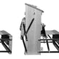 Three side-by-side images showing the progressive movement of a foldable mechanism. The device starts in a flat position on the left, partially raised in the middle, and fully upright on the right. Each stage features interconnected slats and hinges, reminiscent of the precise craftsmanship of the Leclerc Voyageur Table Loom by Leclerc Looms.