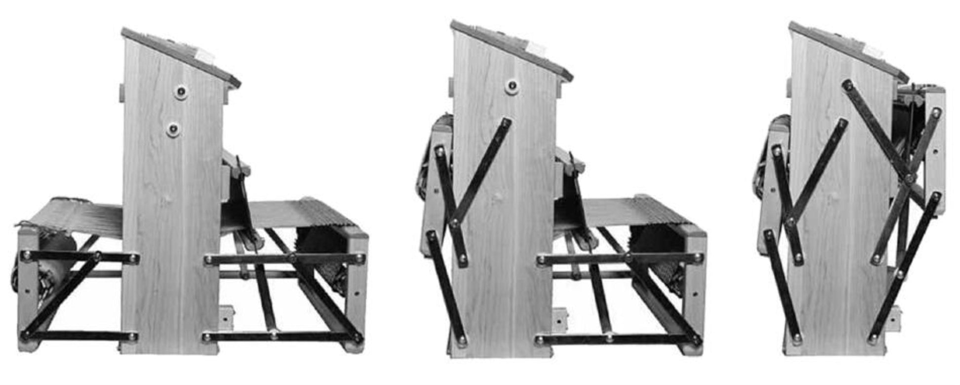 Three side-by-side images showing the progressive movement of a foldable mechanism. The device starts in a flat position on the left, partially raised in the middle, and fully upright on the right. Each stage features interconnected slats and hinges, reminiscent of the precise craftsmanship of the Leclerc Voyageur Table Loom by Leclerc Looms.