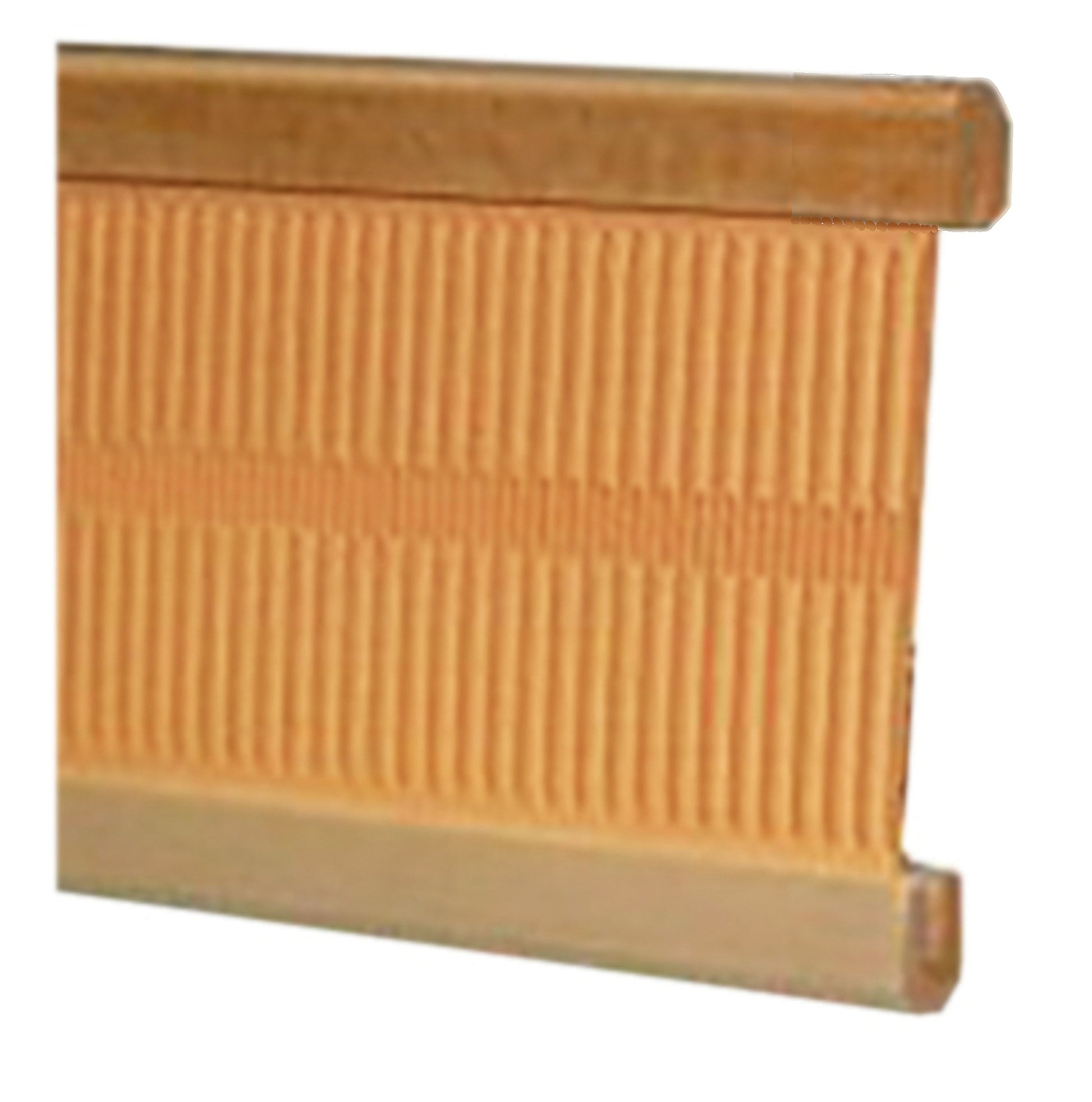 A close-up view of a rectangular beige wooden comb with finely spaced teeth, reminiscent of the Penelope II, 22.5" Rigid Heddle Reed by Leclerc Looms. The reed appears clean and well-maintained, with smooth edges and uniform teeth. The top and bottom edges are slightly thicker, providing a sturdy frame for the reed.