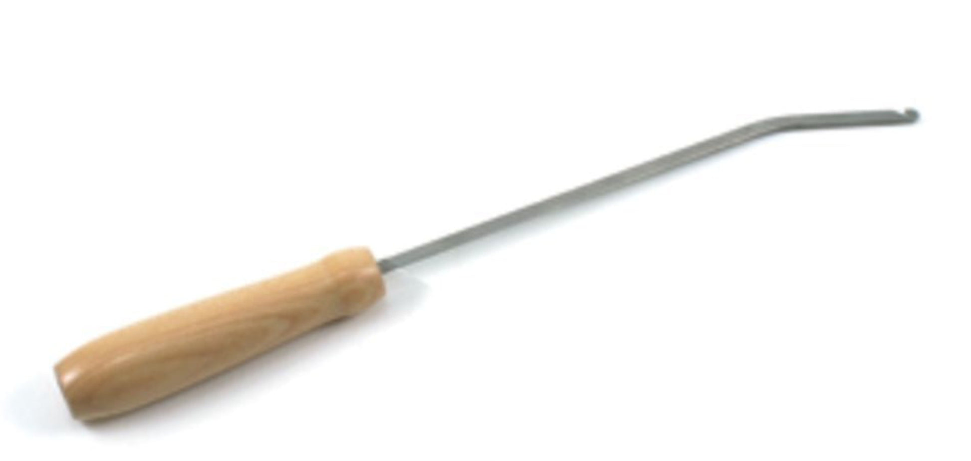 The Leclerc Heddle Threading Hook by Leclerc Looms features a wooden handle attached to a long, thin metal shaft that is straight for most of its length and then curves upward slightly at the end, resembling Leclerc's hook. Often used by weavers, it stands out against the white background.