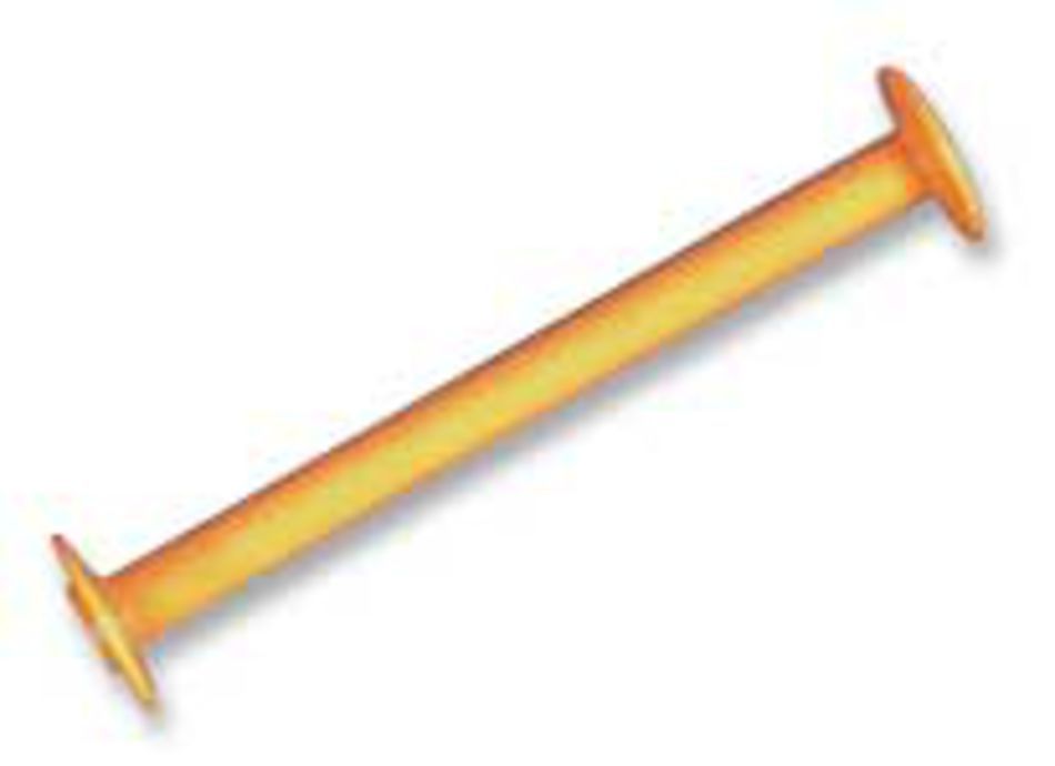 An orange plastic rod with flat, round discs on both ends, resembling a short barbell or spool. Similar to the Leclerc Plastic Bobbins from Leclerc Looms, it stands out against the plain white background.