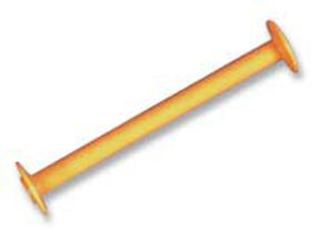 An orange plastic rod with flat, round discs on both ends, resembling a short barbell or spool. Similar to the Leclerc Plastic Bobbins from Leclerc Looms, it stands out against the plain white background.