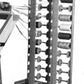 A black and white image features a Leclerc Thread Guide by Leclerc Looms, standing tall with two sturdy legs and holding multiple spools of thread. Each guide connects the spools to wires extending to the left, suggesting it is part of a textile or weaving machine.