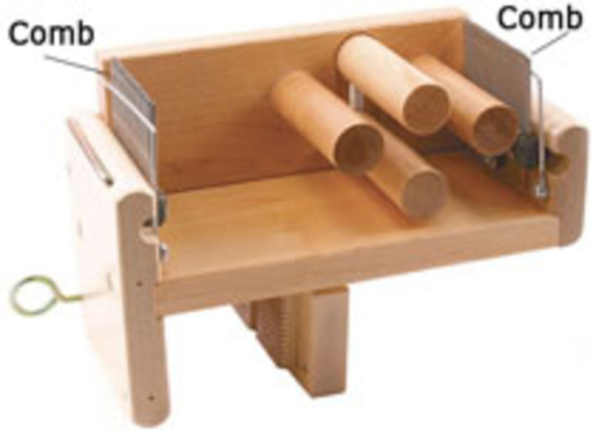 The Leclerc Tension Box Comb by Leclerc Looms features a robust wooden structure with a crank handle and two clearly labeled metal combs. The design includes three cylindrical wooden rollers mounted on a sturdy rectangular base, while the 4-dent combs are securely attached to the sides of this versatile weaving accessory.