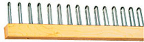 An image of the Loop Top Raddle with 1" Spacing by Leclerc Looms—a wooden hairpin rake with metal tines arranged in a straight line, resembling a raddle. The handle is made of light-colored wood, and the tines are evenly spaced and curved at the ends.