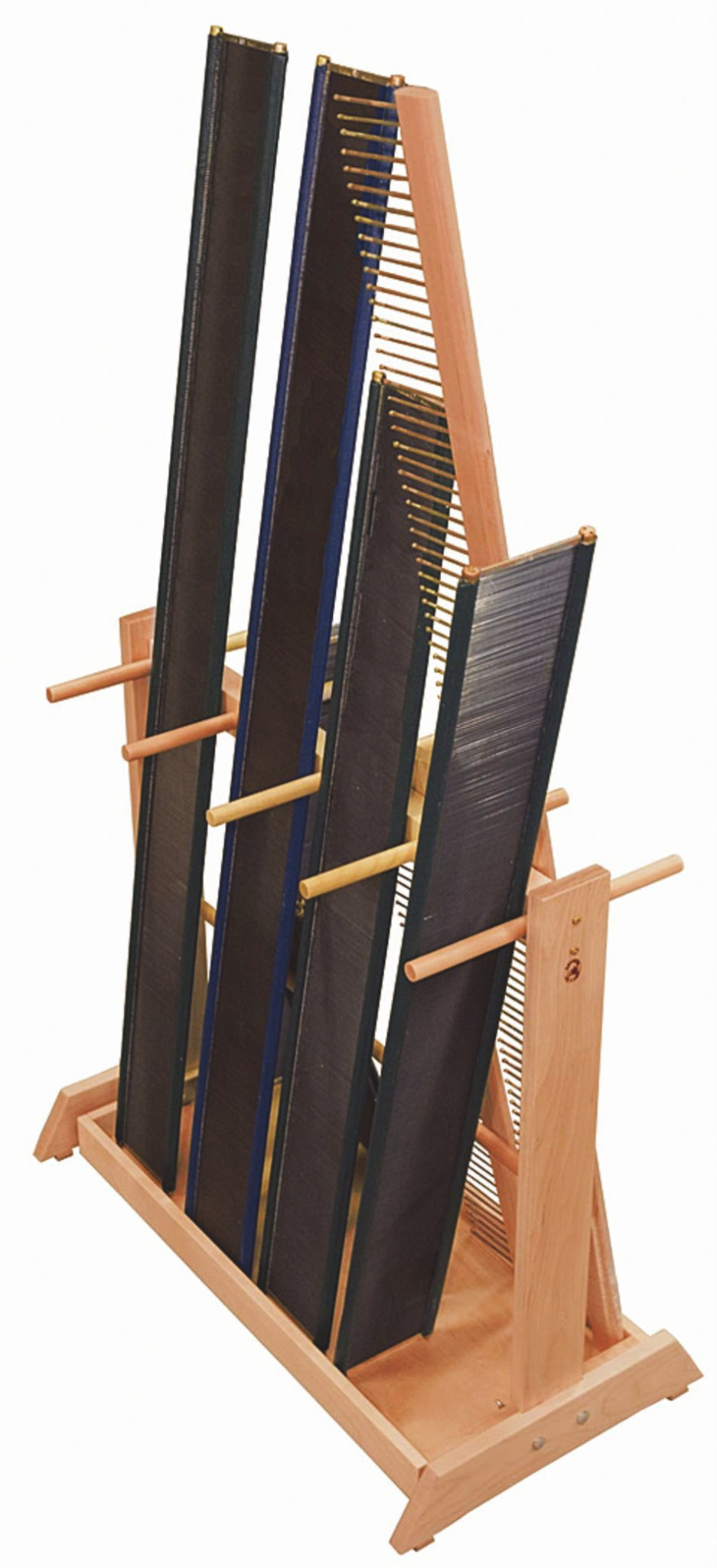 The Leclerc Looms Reed Stand/Rack is a wooden holder designed to store five different-sized reeds vertically, each with fine, evenly spaced teeth for use in weaving looms. This space-saving stand features a sturdy base with dowels to support the reeds, ensuring organized storage.