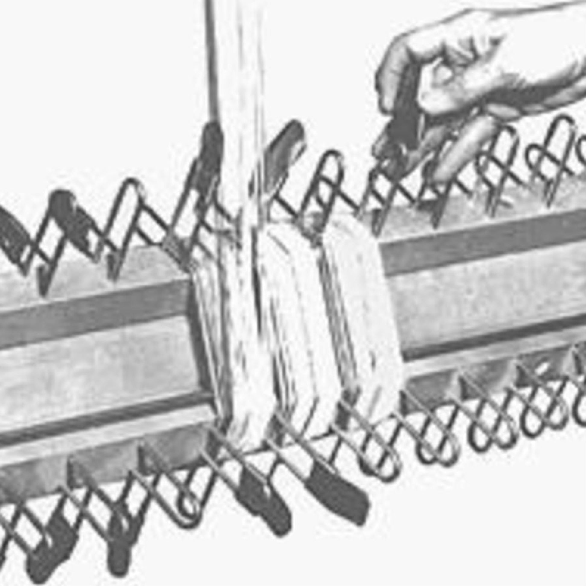 An illustration of a hand assembling or manipulating components of a mechanical device, with various clamps or connectors attached to Leclerc Sectional Warp Beam Guides (8/pack) from Leclerc Looms. The hand is threading or inserting a linear element, possibly a wire or strip, through the setup.