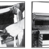 Two black-and-white images show close-ups of hands operating a weaving machine. In the left image, hands are threading yarn through the Leclerc Loom Raddles, 1/2" Spacing from Leclerc Looms. In the right image, hands are adjusting warp threads already positioned through the machine's teeth and Leclerc beater.