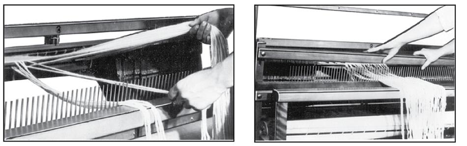 Two black-and-white images show close-ups of hands operating a weaving machine. In the left image, hands are threading yarn through the Leclerc Loom Raddles, 1/2" Spacing from Leclerc Looms. In the right image, hands are adjusting warp threads already positioned through the machine's teeth and Leclerc beater.