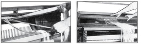 Two images showing close-up views of hands operating a weaving loom. The left image shows hands pulling strands of warp through Leclerc Loom Raddles with 1/2" spacing by Leclerc Looms. The right image shows hands adjusting threads on a similar structure, using a Leclerc beater in a different position.