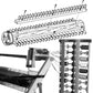 A black and white image depicting parts of a textile mechanism and a diagram features a Leclerc Sectional Warp Beam, 1" or 2" sections by Leclerc Looms. The cylindrical sectional warp beam is shown with a series of loops on it. The loom in the photo has multiple threads running through it from spools arranged on a rack.