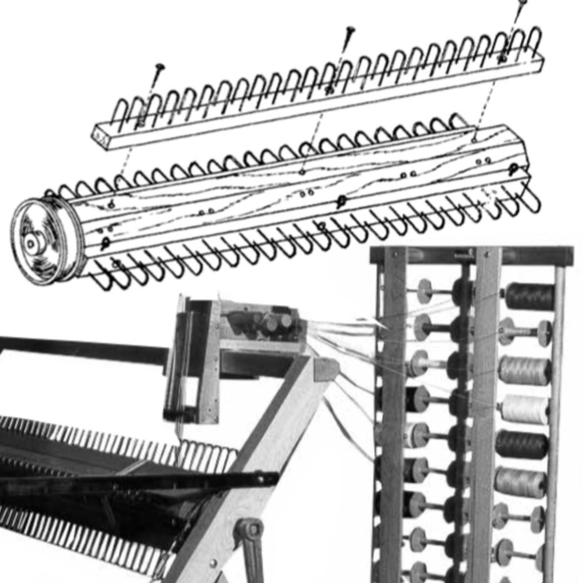 A black and white image depicting parts of a textile mechanism and a diagram features a Leclerc Sectional Warp Beam, 1" or 2" sections by Leclerc Looms. The cylindrical sectional warp beam is shown with a series of loops on it. The loom in the photo has multiple threads running through it from spools arranged on a rack.