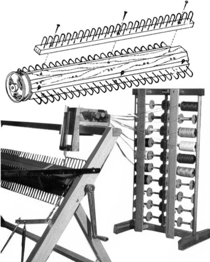 Black-and-white image showing a mechanical device used in textile manufacturing, featuring an illustrative diagram of the Leclerc Sectional Warp Beam from Leclerc Looms. The image includes a cylindrical component with loops, a machine framework with threaded spools, and an upright rack holding multiple spools of thread, commonly seen in warp beam setups.