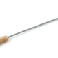 The Leclerc Heddle Threading Hook, a renowned tool from Leclerc Looms, features a wooden handle and a slender, slightly bent metal rod with a small hook at the end. Its ideal shaft length makes it perfect for detailed work. The tool is positioned on a white background.