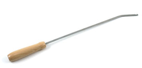 The Leclerc Heddle Threading Hook, a renowned tool from Leclerc Looms, features a wooden handle and a slender, slightly bent metal rod with a small hook at the end. Its ideal shaft length makes it perfect for detailed work. The tool is positioned on a white background.