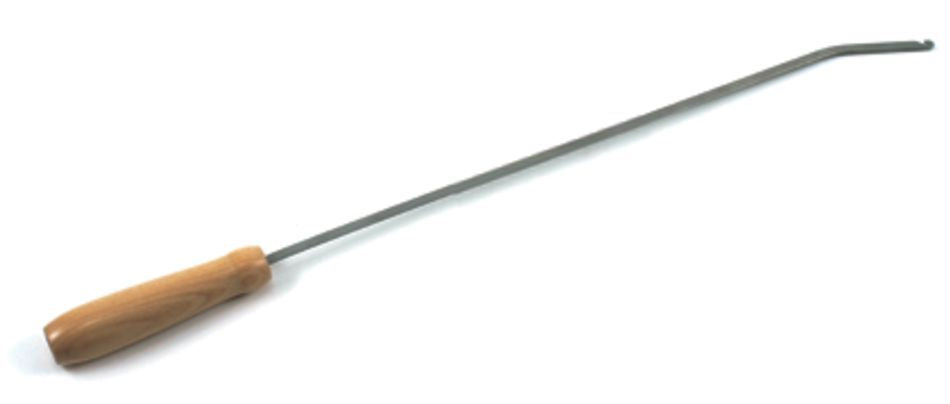 The Leclerc Heddle Threading Hook by Leclerc Looms is a long, thin metal tool with a slight bend at one end and a wooden handle at the other. Known as Leclerc's hook by weavers, its extended shaft length makes it ideal for reaching or manipulating objects in confined spaces.