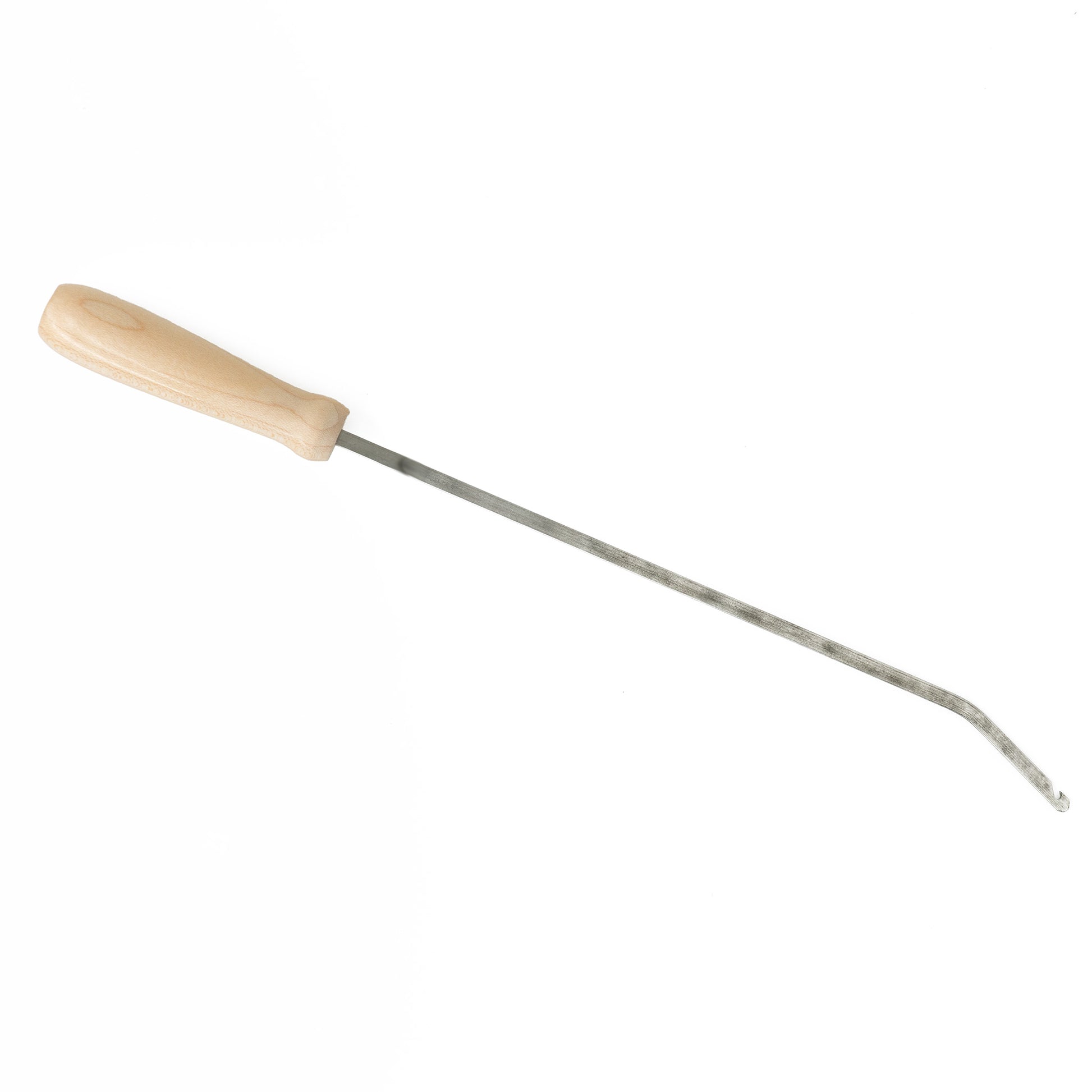 The Leclerc Heddle Threading Hook by Leclerc Looms features a long, narrow shaft with a slight bend, and is attached to a light-colored wooden handle. The shaft length has a textured or rusted surface appearance while the handle is smooth and ergonomically shaped. This tool is ideal for weavers and resembles the classic design of other hooks by Leclerc Looms. The background is plain white.
