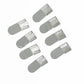 Eight Leclerc Sectional Warp Beam Guides from Leclerc Looms, metallic silver in color and arranged in two rows on a white background. These rectangular-shaped guides have one rounded end and a small lip, perfect for attaching to a surface or securing an item in place.