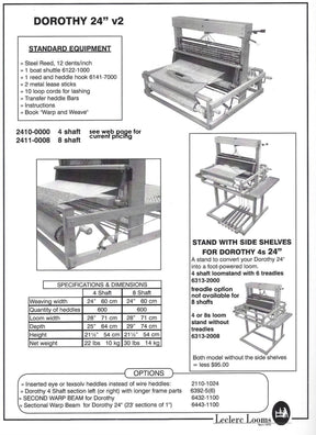 Image of a product catalog page for Leclerc Looms' Dorothy Table Loom, "Dorothy 24” v2." Features include standard equipment, specifications, dimensions, optional accessories, and an illustration of the 4-shaft collapsible loom and its shelves. The text also details loom versions and additional insertions.