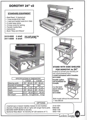 A product flyer for the Leclerc Table Loom Stand for Dorothy 24", 4-shaft loom by Leclerc Looms highlights standard equipment, specifications, and dimensions. It features an adjustable loom stand with side shelves and optional accessories, including six treadles. Three images showcase the 4-shaft table loom stand, the loom itself, and a shelf system.