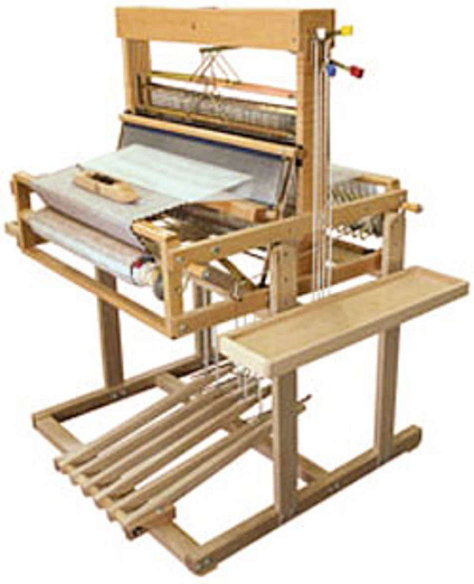 The Leclerc Table Loom Stand for Dorothy 24", featuring 4 shafts, side shelves, and 6 treadles, crafted from light-colored wood, is designed for convenient manual textile production with an adjustable loom stand.