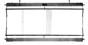 A photograph of the Leclerc Complete Shaft/Harness Frame for Looms from Leclerc Looms. This rectangular frame, available in metal or wood, features wire strings running vertically through its center and comes with hooks at the top, presumably for hanging. Its specific use is not immediately apparent. The background is white.