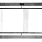 A black and white image of the Leclerc Complete Shaft/Harness Frame for Looms, featuring a rectangular frame with vertical strings stretched tightly across it. Hooks are attached to the top bar, and there are visible horizontal bars on the top and bottom of the frame. This traditional weaving loom setup showcases the craftsmanship of Leclerc Looms.