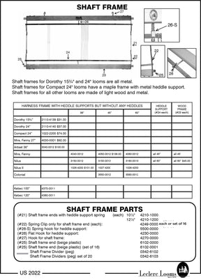 A diagram titled "Shaft Frame" showcasing shaft frames available for various Leclerc Loom models, including Dorothy, Compact, Artisat, Mira, and Nilus. The parts list features item numbers and descriptions for harness frame components such as the Leclerc Harness/Shaft frame end piece with heddle bar support spring by Leclerc Looms.