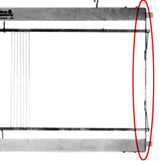 An image of the Leclerc Looms' rectangular wooden Harness/Shaft Frame End Piece with vertical strings and a heddle bar support spring. A curved red line accentuates the right side of the frame, highlighting its edge against a white background.