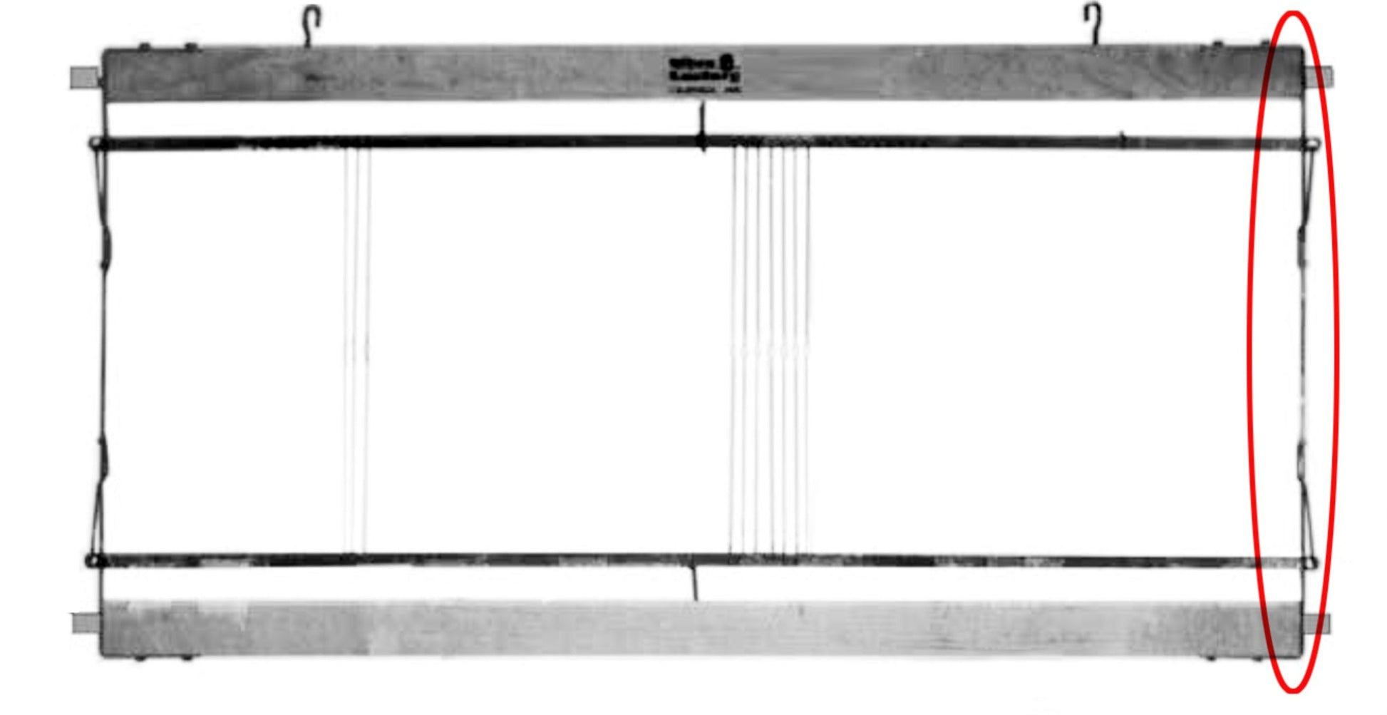 A rectangular metal frame with two horizontal bars and vertically hanging strings at the center, resembling a harness frame. Two hooks are attached on top for hanging. The right edge is encircled by a red oval. The label "Leclerc Looms" is in the middle, indicating it's a Leclerc Harness/Shaft frame end piece with heddle bar support spring.