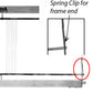 A grayscale image displays a close-up view of a Leclerc Spring Clip for Shaft Frame (ea) firmly attached to the end of a frame. The main image showcases the frame with several parallel strings and heddle support bars, providing a glimpse into the structure's intricate design. An inset image with a red circle and arrow highlights the clip's position on the frame end, similar to those commonly found on Leclerc Looms.