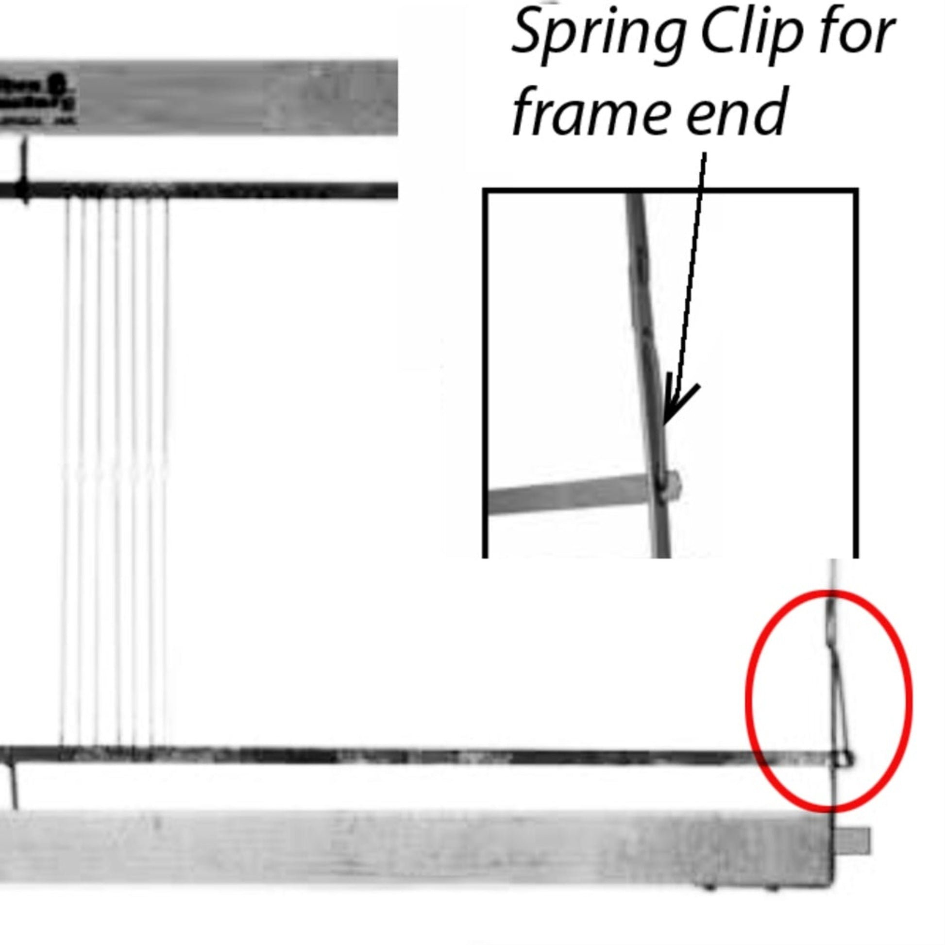 A grayscale image displays a close-up view of a Leclerc Spring Clip for Shaft Frame (ea) firmly attached to the end of a frame. The main image showcases the frame with several parallel strings and heddle support bars, providing a glimpse into the structure's intricate design. An inset image with a red circle and arrow highlights the clip's position on the frame end, similar to those commonly found on Leclerc Looms.