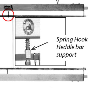 A black and white instructional image of a loom setup, featuring a Leclerc Spring Hook for Heddle Bar Support by Leclerc Looms, highlighted with an arrow and label. The inset shows a close-up view of the heddle bar support mechanism along with harness frames.