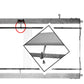 A black and white diagram of a Leclerc loom highlighting a specific section shows a red circle surrounding the Leclerc Flat Hook for Heddle Bar Support by Leclerc Looms, with an inset providing a close-up view of the hook. An arrow points to a key component of the predrilled hole mechanism.