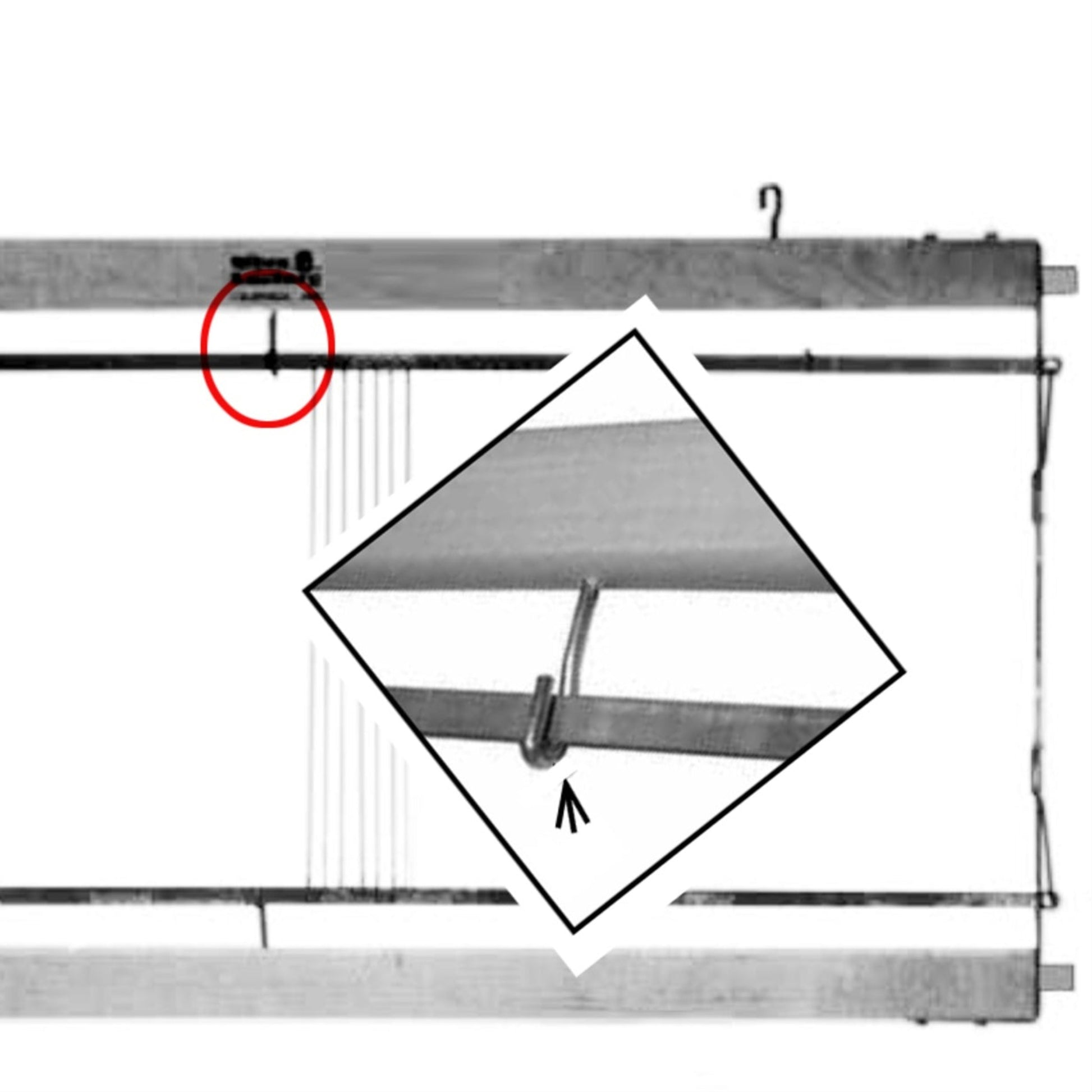 A black and white diagram of a Leclerc loom highlighting a specific section shows a red circle surrounding the Leclerc Flat Hook for Heddle Bar Support by Leclerc Looms, with an inset providing a close-up view of the hook. An arrow points to a key component of the predrilled hole mechanism.