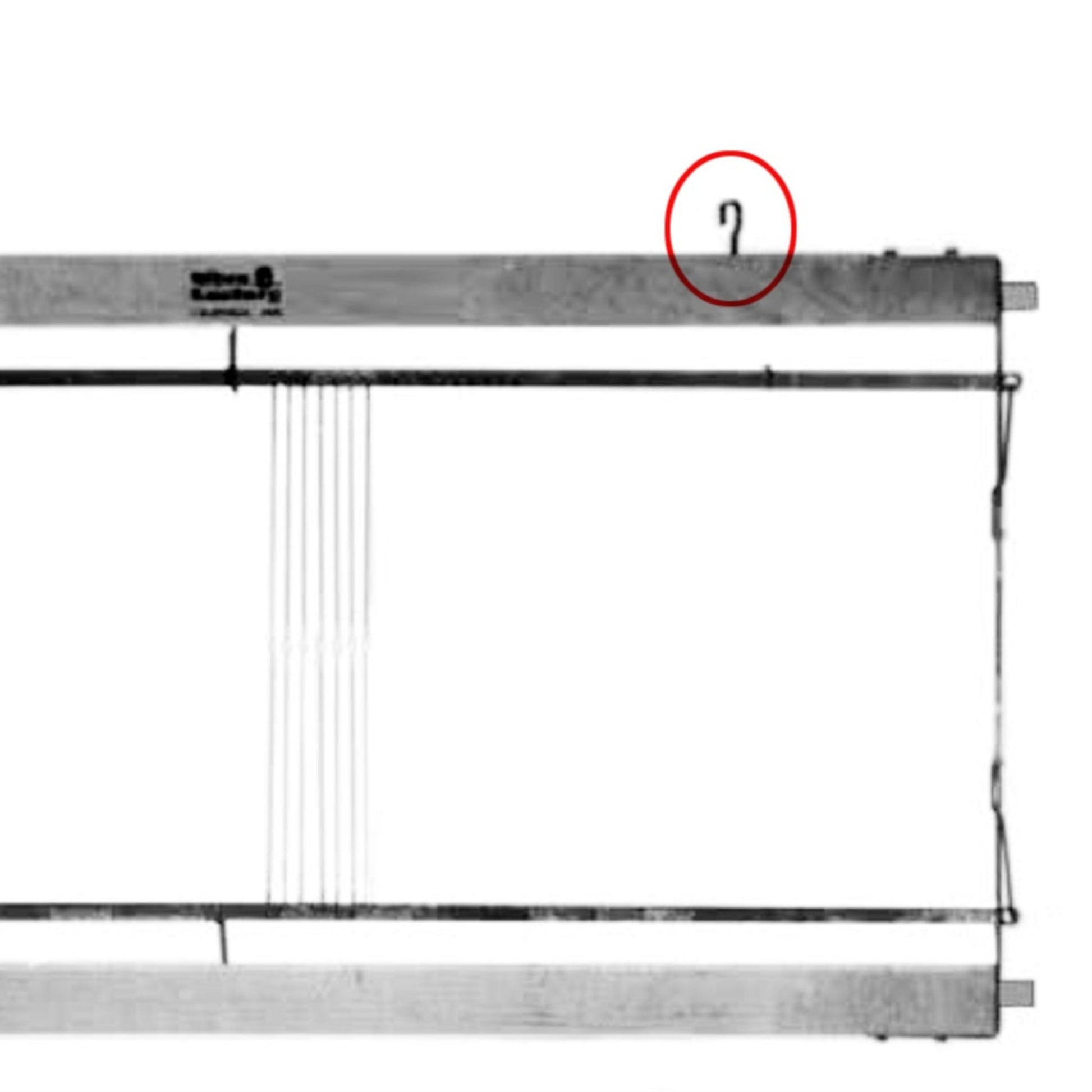 A black and white sketch of a rectangular mechanical apparatus with horizontal bars, thin vertical lines connecting the bars, and a hook at the top right corner, reminiscent of the Leclerc Hook for Shaft/Harness Frames by Leclerc Looms.