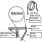 Diagram of a brake system showing a flat metal brake circle, brake drum, brake lever #1, brake springs, and strengthening piece #1. The flat metal brake circle connects to the brake drum via the Leclerc Connecting Rod #2 for Floor Looms from Leclerc Looms and is controlled by brake lever #1 and supported by brake springs.