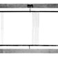 The Leclerc Complete Shaft/Harness Frame for Looms, by Leclerc Looms, is a large, rectangular metal frame featuring thin vertical threads stretched towards the center to form a sparse pattern. The top of the frame includes two hooks for hanging, giving the overall structure a minimal and industrial appearance.