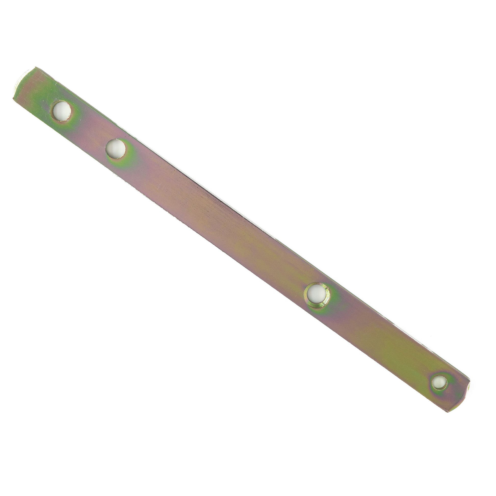 A Leclerc Brake Lever for a Floor Loom, with a metallic rectangular design featuring four evenly spaced holes angled diagonally from the top left to the bottom right, bears a slightly iridescent yellow-green tint set against a plain white background.