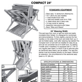 Introducing the Leclerc Extra 4-shaft add-on kit for the 4 shaft Compact 24" Loom by Leclerc Looms, a versatile weaving marvel perfect for all your crafting needs. The image showcases the loom with labeled parts and specifications, including standard equipment, weaving width, and detailed dimensions such as height, width, and weight.