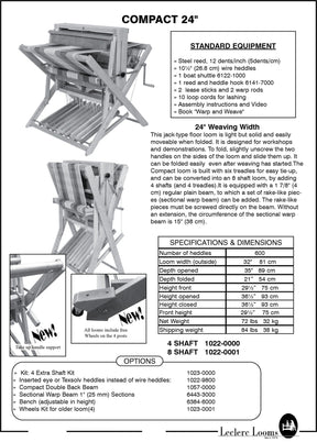 An informative flyer highlights the Leclerc Extra 4-shaft add on kit for the 4 shaft Compact 24" Loom by Leclerc Looms. It lists standard equipment and an installation kit, explains its 24" weaving width, and includes specifications and dimensions. A black-and-white image of the loom is displayed, both folded and open.