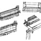 A black and white illustration of the Leclerc Looms' textile weaving loom viewed from various perspectives. The images provide detailed views of the loom's components, including the frame, warp threads, lease sticks, and weaving mechanism. The diagrams highlight different structural parts and their functions, showcasing the intricacy of the Leclerc Threading Helper.