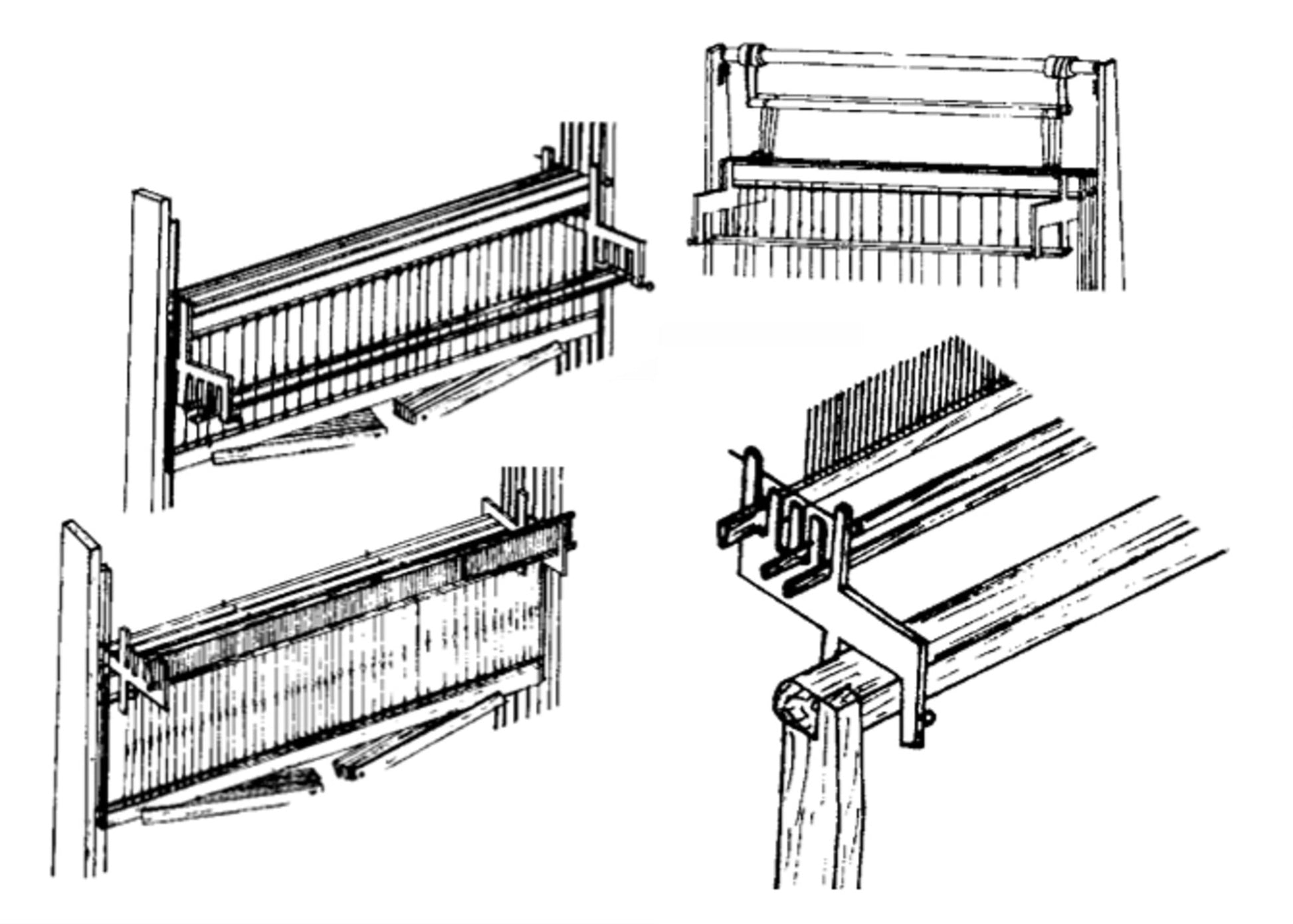 A black and white illustration of the Leclerc Looms' textile weaving loom viewed from various perspectives. The images provide detailed views of the loom's components, including the frame, warp threads, lease sticks, and weaving mechanism. The diagrams highlight different structural parts and their functions, showcasing the intricacy of the Leclerc Threading Helper.