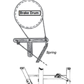 Diagram of a mechanical brake system. The upper part depicts a labeled brake drum connected to a lever with the Brake Spring for most Leclerc Floor Loom Models by Leclerc Looms. The lower part shows a detailed view of the lever with attachment points and components for the braking process, reminiscent of the precision found in a typical Leclerc floor loom model.