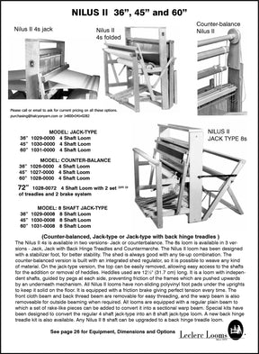 A black and white advertisement for the Leclerc Nilus II 4-Shaft Floor Looms by Leclerc Looms. Includes images and descriptions of the Nilus II 4-shaft floor loom, the counter-balance model, and the Nilus II Jack Type 8s loom available in sizes 36", 45", and 60", with various model numbers and specifications.