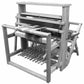 A black and white image of the Leclerc Nilus 8-Shaft 10-Treadle (Back Hinged) Jack Floor Loom by Leclerc Looms. The wooden handloom has multiple frames and beams, with threads intricately woven through slots. The setup includes pedals at the bottom and various levers for manual operation, showcasing traditional textile machinery.